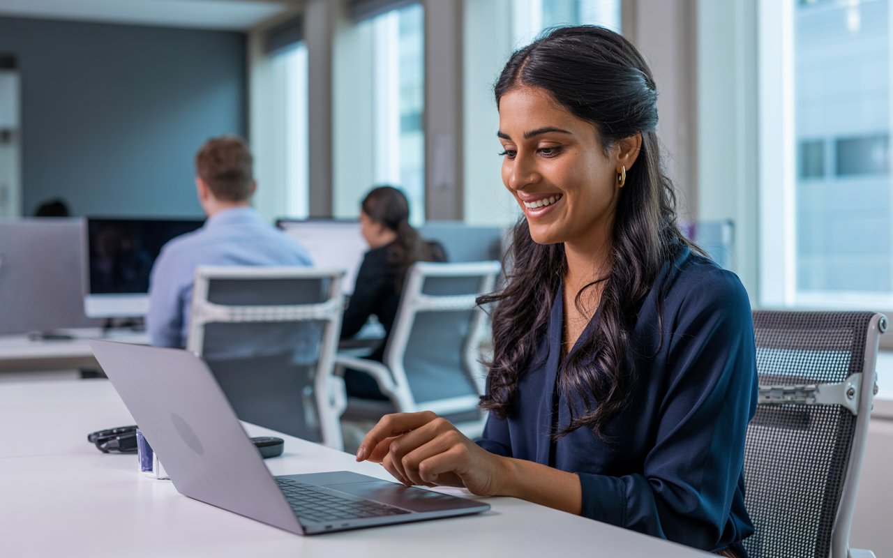 Indian woman in tech office smiling while using HeartEcho app on her laptop
