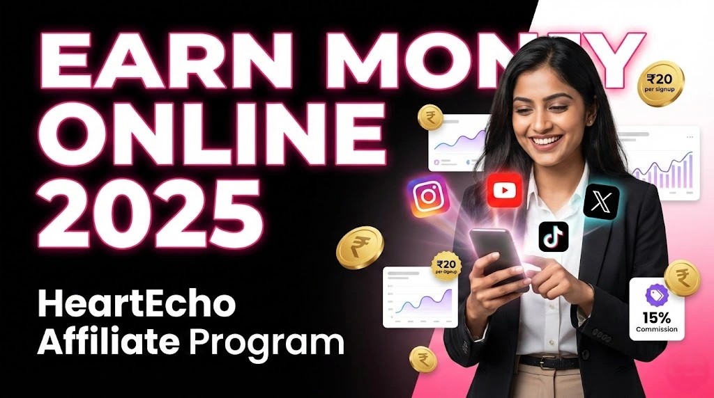 Indian young influencer promoting HeartEcho affiliate program on phone