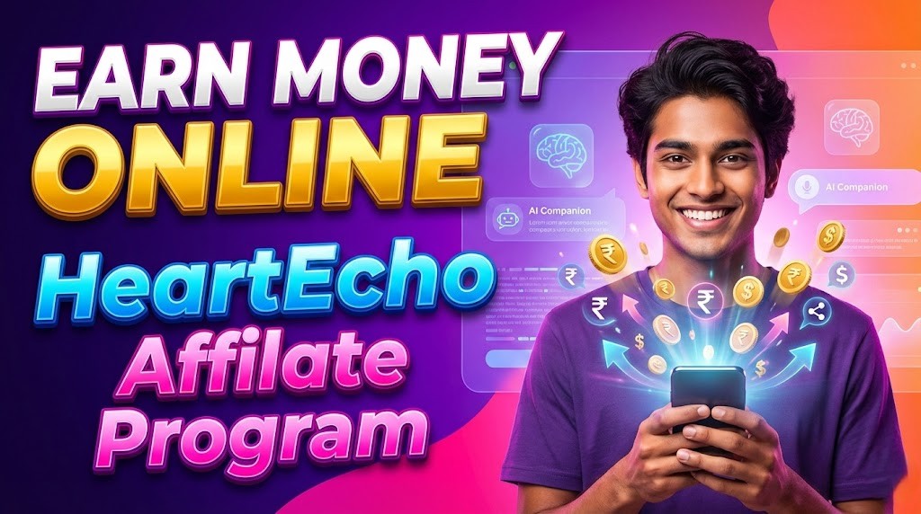 Indian young content creator promoting HeartEcho referral program on phone