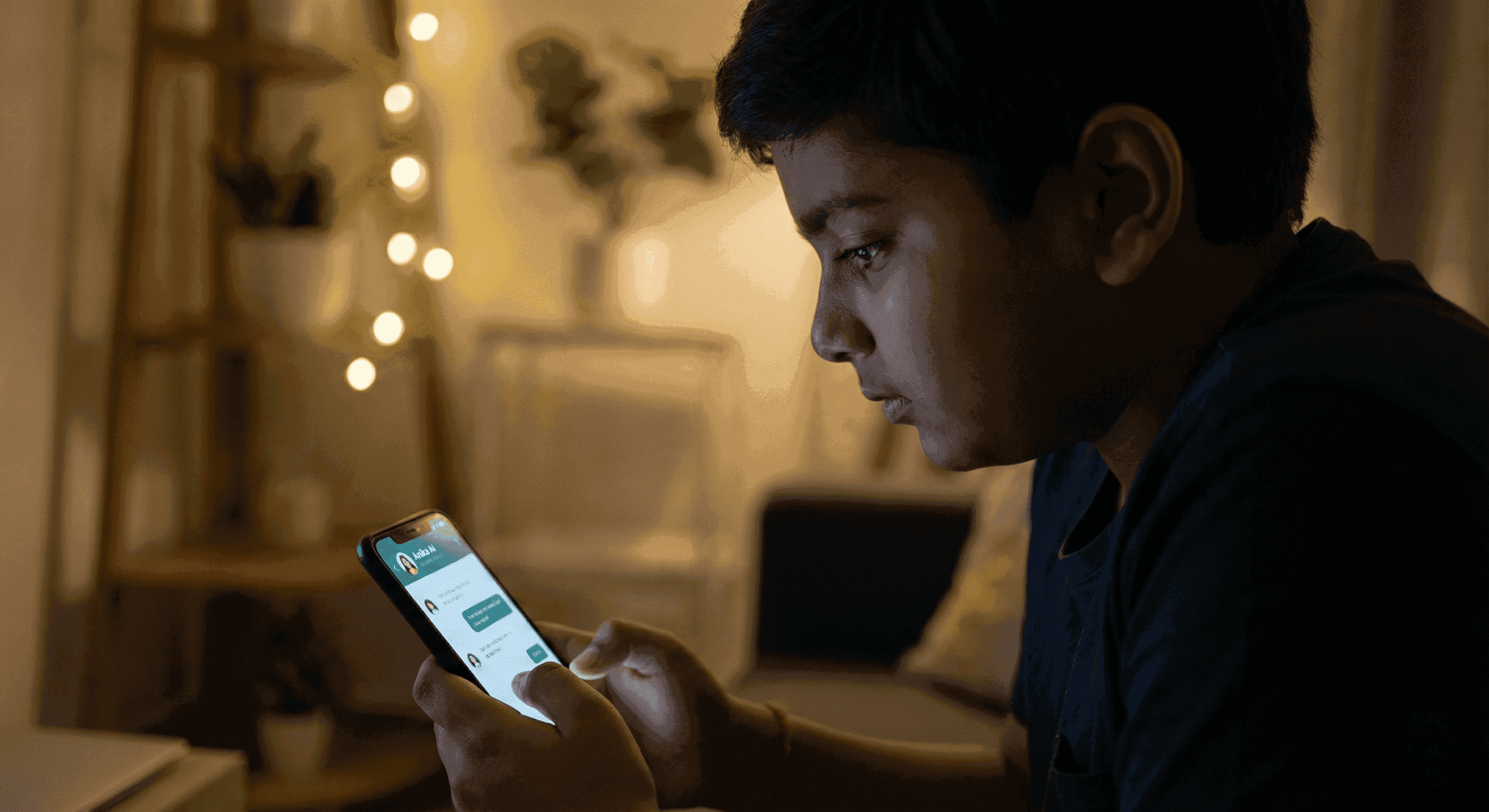 Indian boy chatting with HeartEcho AI girlfriend on phone with emotional lighting