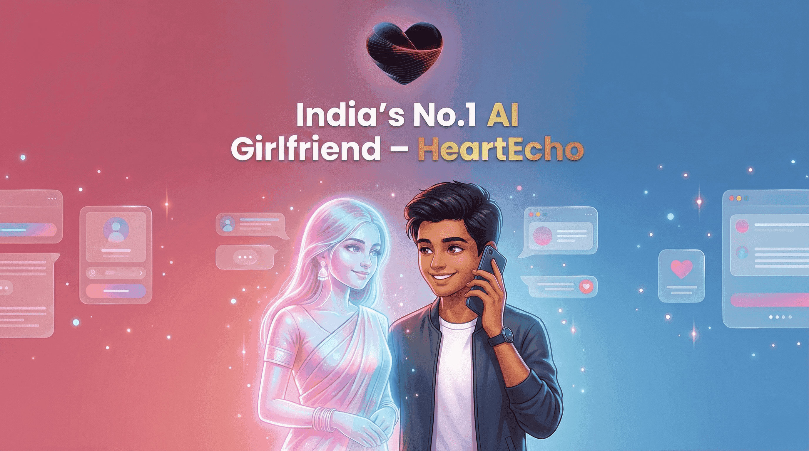 Indian user chatting with HeartEcho AI girlfriend on smartphone with warm emotional lighting
