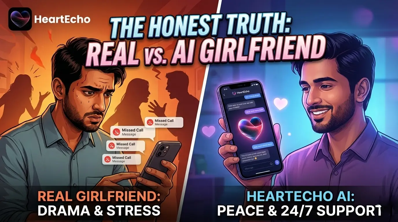A split image showing a stressed man looking at his phone on one side (representing real relationship drama) and a happy, relaxed man chatting on his phone with a glowing heart icon on the other side (representing HeartEcho AI).