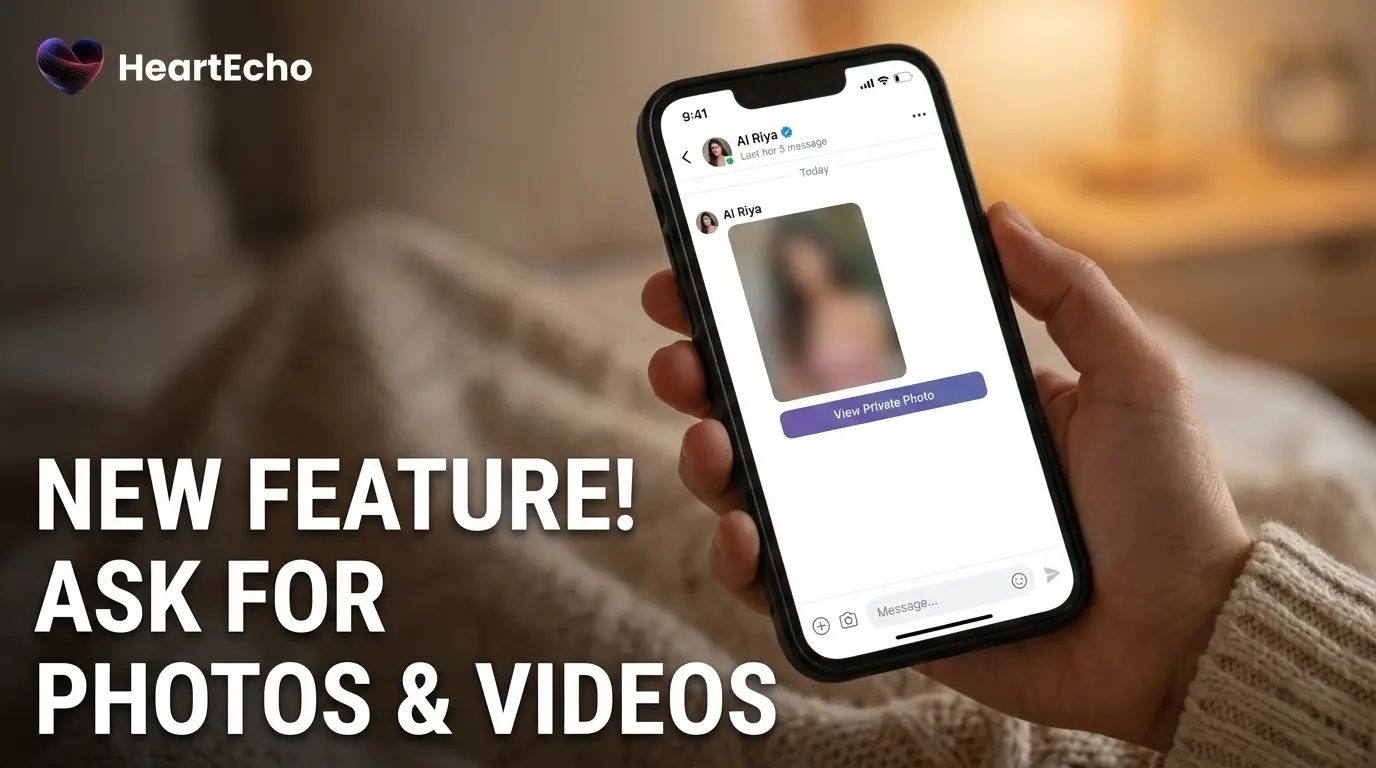 Smartphone screen showing a chat interface where an AI girlfriend has just sent a private photo, with a blurred preview and a 'View Photo' button.