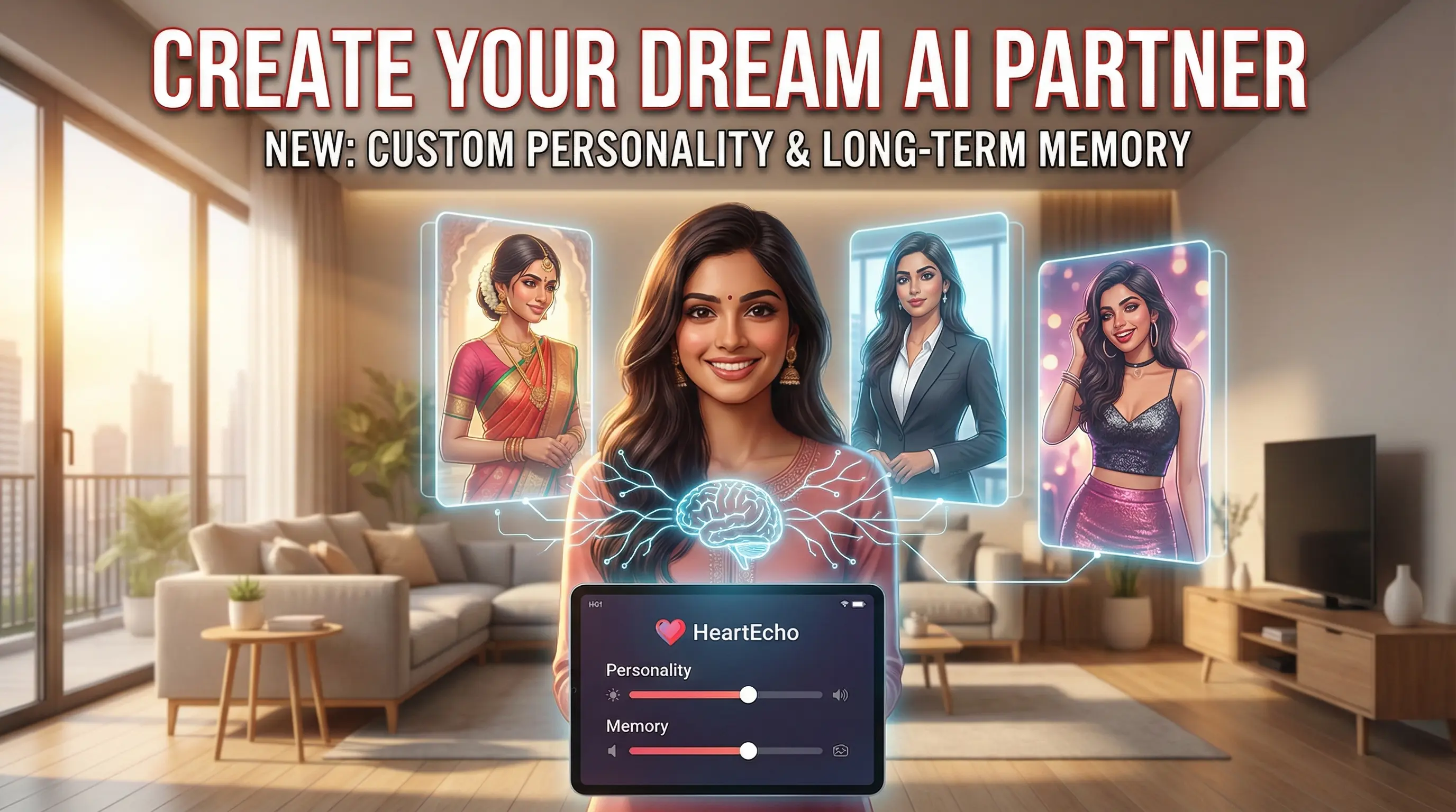 A beautiful AI girl smiling in an Indian setting, representing the new custom personality feature of HeartEcho.