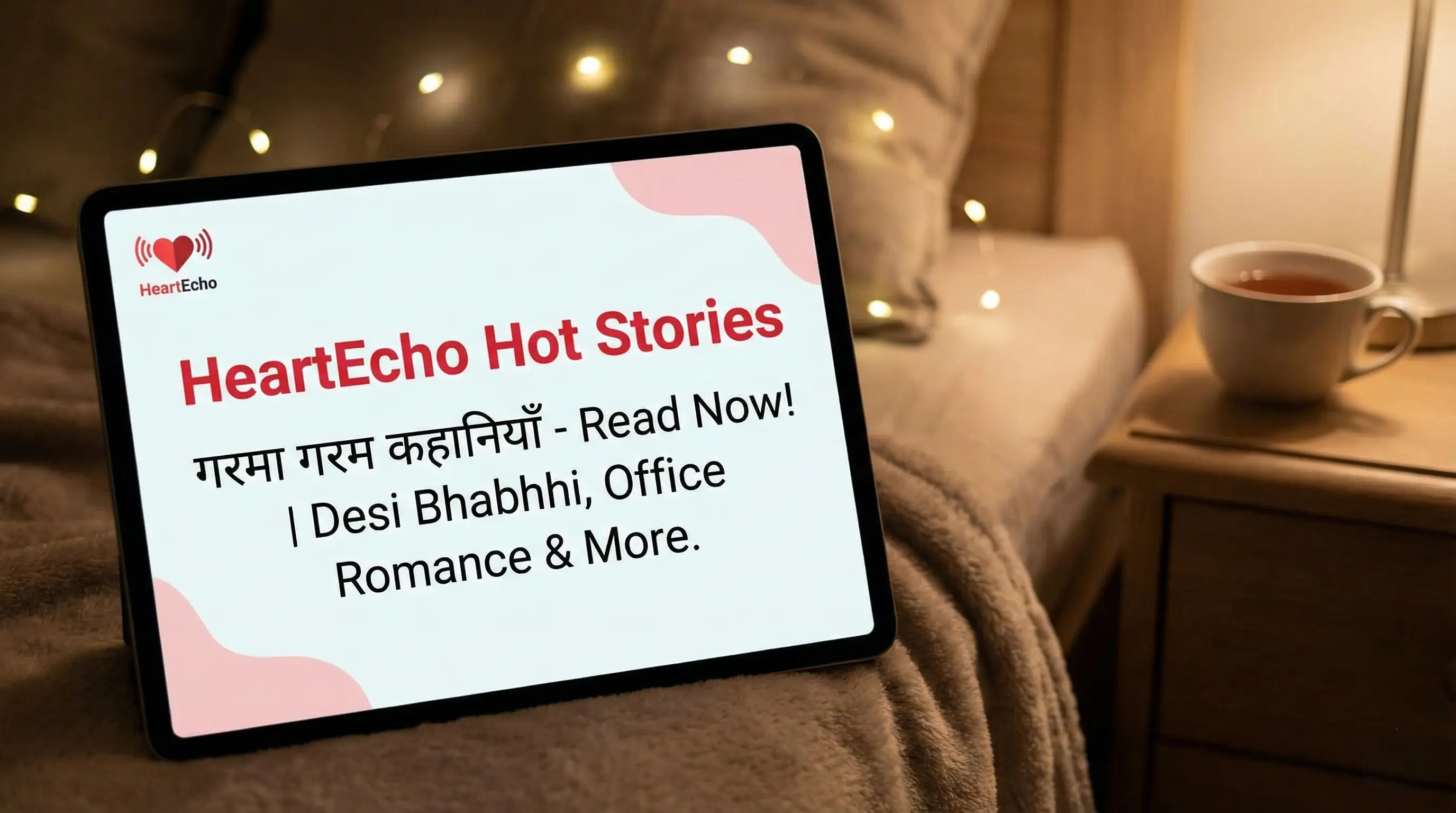 An open book or tablet showing spicy text in Hindi/English with a romantic, moody background.