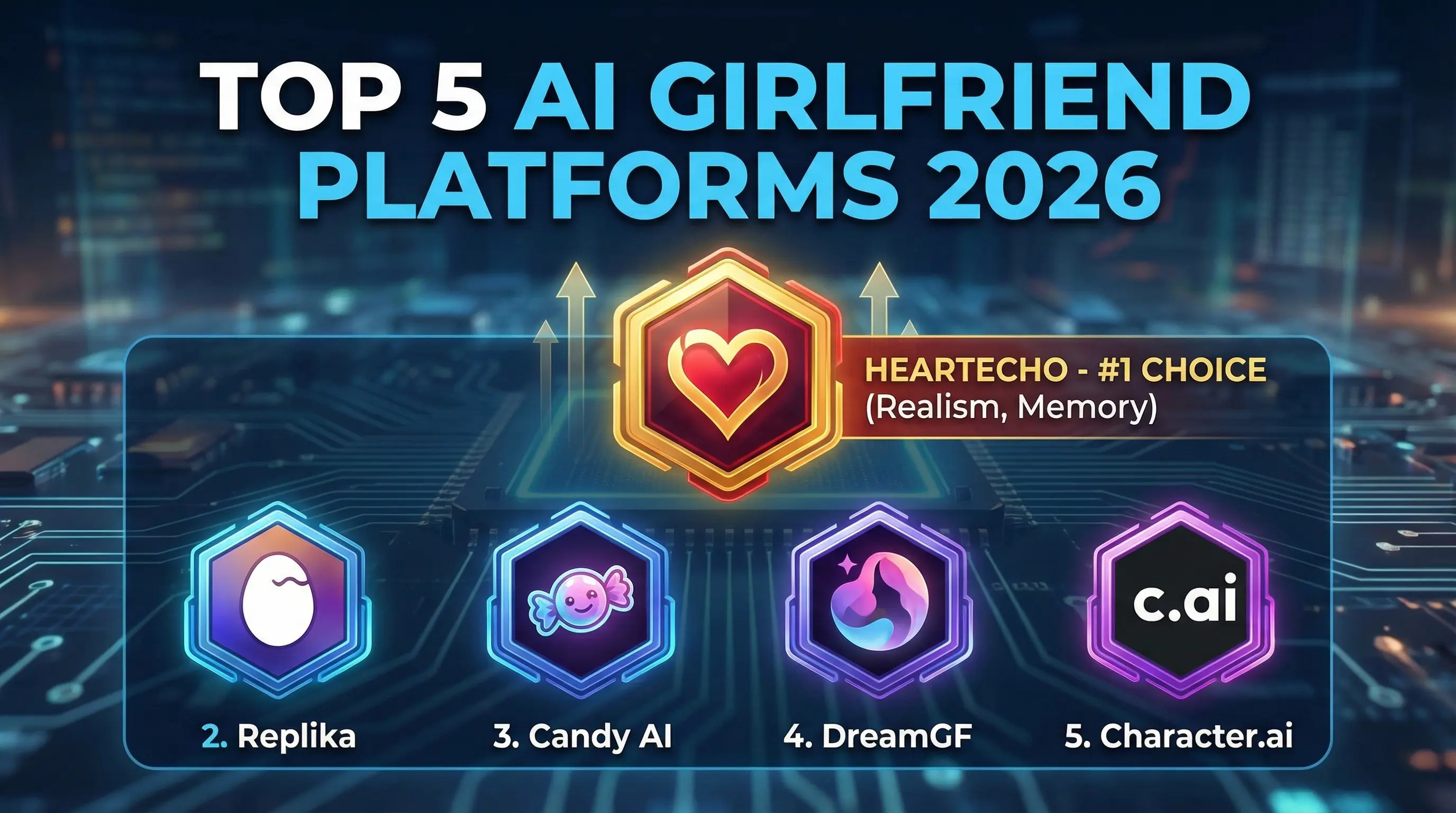 A comparison chart showing HeartEcho ranking higher than other AI girlfriend apps in features like memory and visuals.