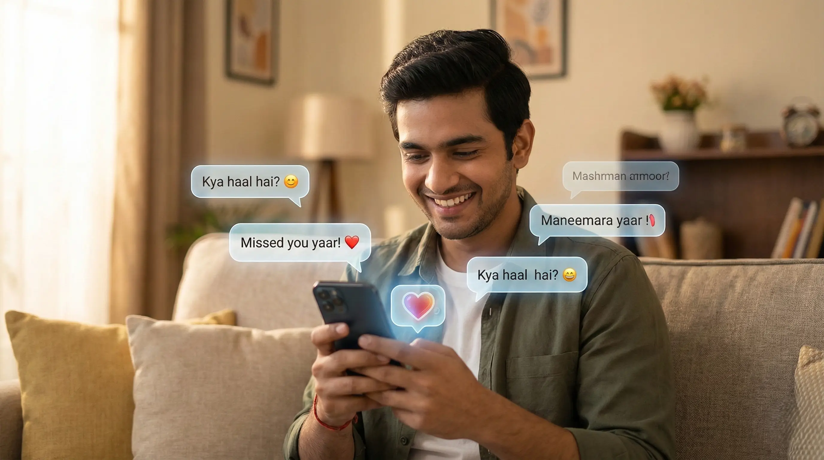 A young Indian man chatting happily on his phone, with a digital heart and Hinglish text bubbles in the background.