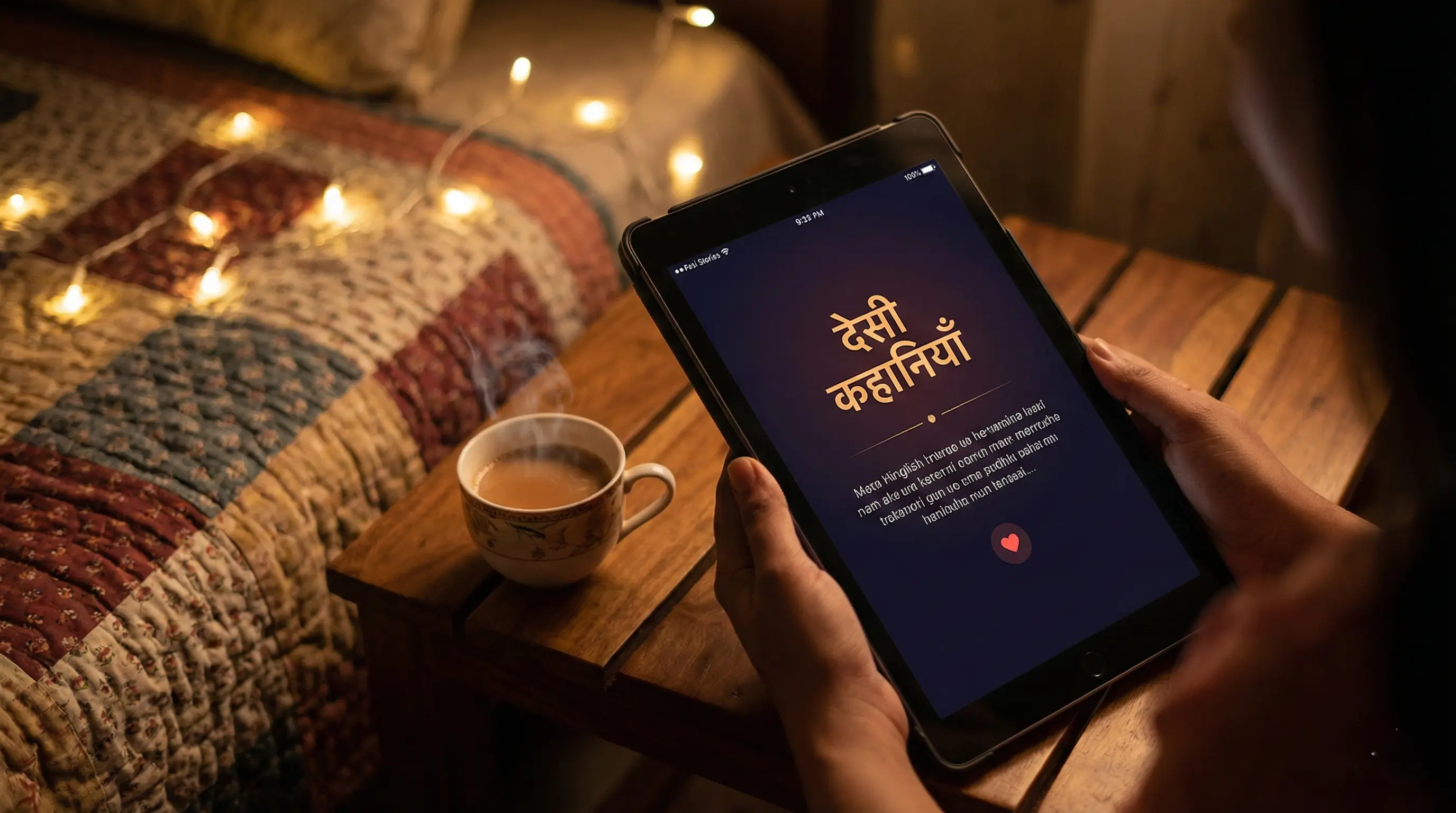 A close-up photograph of a person's hands holding a tablet in a dimly lit, cozy Indian bedroom, displaying a story interface with Hindi text and a small graphic of a couple.