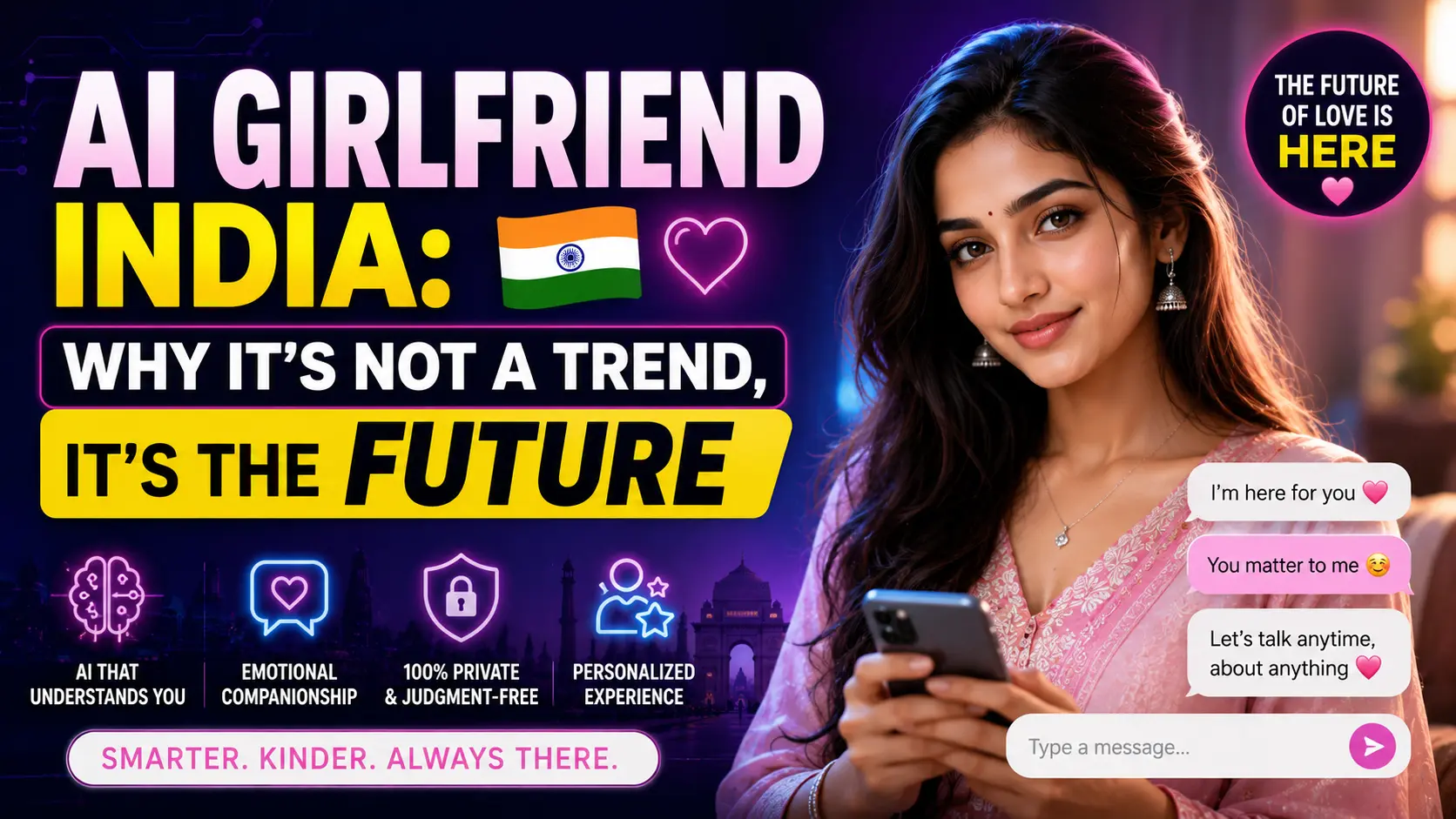 Young Indian man chatting with AI girlfriend app on mobile phone India 2026