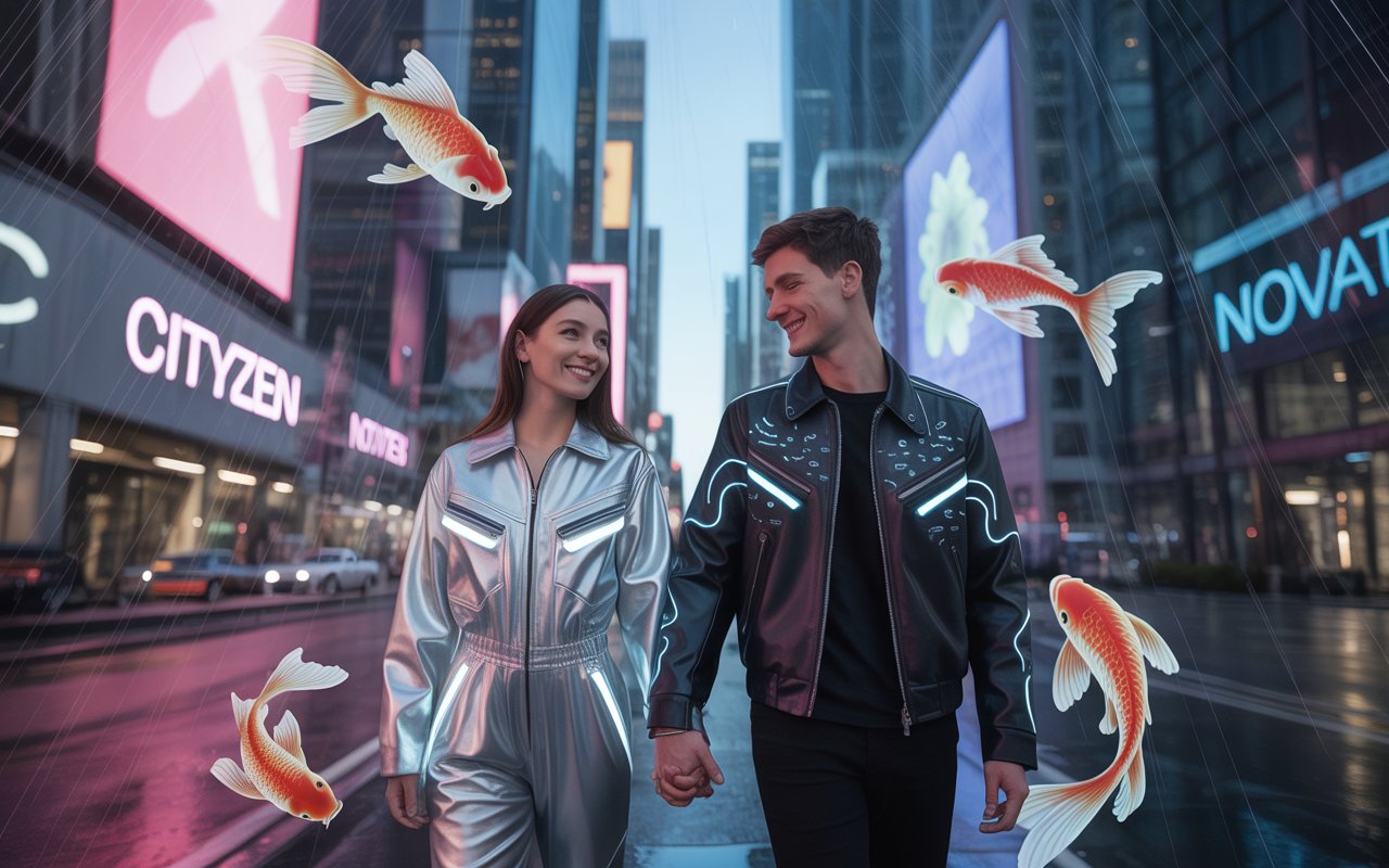 Futuristic couple walking through a virtual cityscape with glowing AI visuals