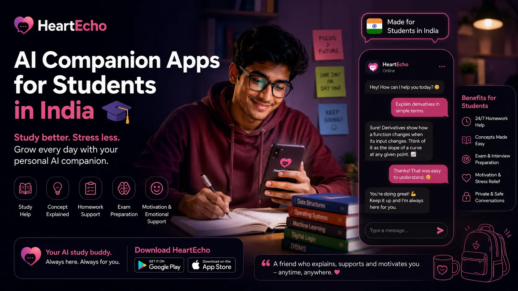 Indian student studying with smartphone next to books